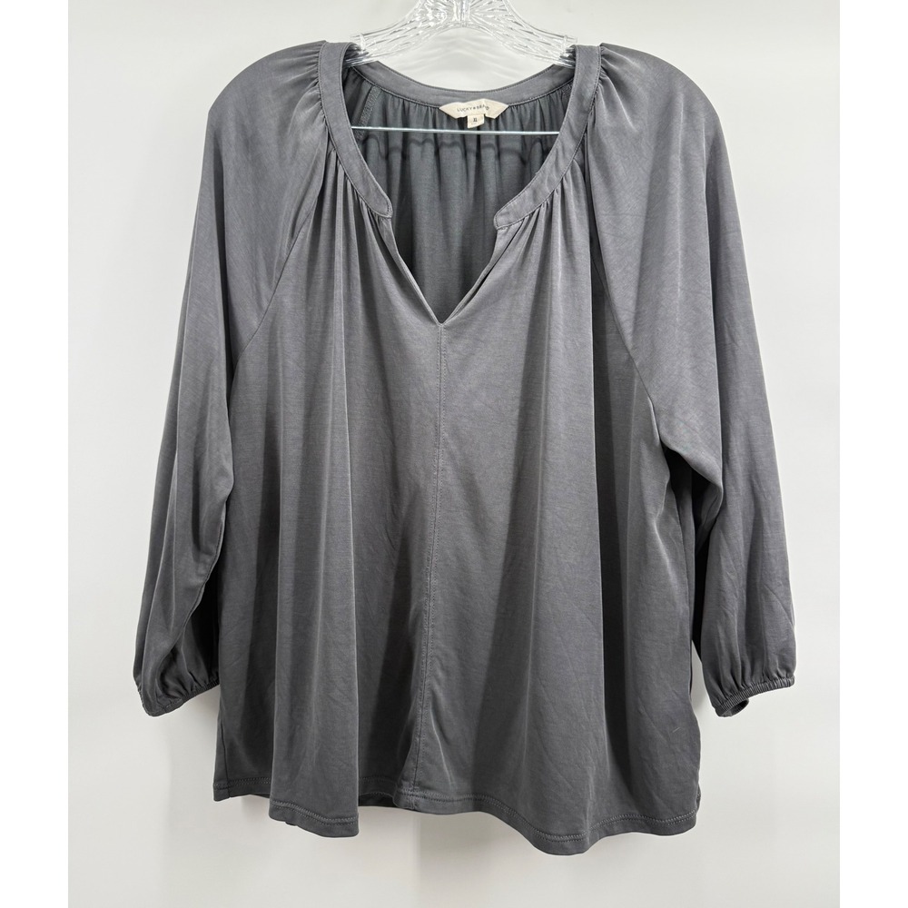 Lucky Brand Womens XL Gray Split V-Neck Shirred Long Sleeve Knit Blouse Top Boho